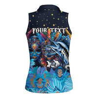 Personalized Bahamas Junkanoo Women Sleeveless Polo Shirt Bahamian Mask Blue Marlin - Wonder Print Shop