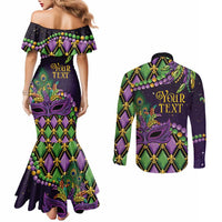 Personalized Mardi Gras Couples Matching Mermaid Dress and Long Sleeve Button Shirt Luxury Mask Fleur De Lis
