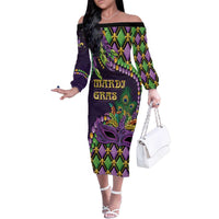 Personalized Mardi Gras Family Matching Off The Shoulder Long Sleeve Dress and Hawaiian Shirt Luxury Mask Fleur De Lis - Wonder Print Shop