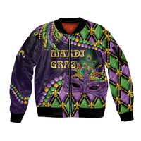 Personalized Mardi Gras Sleeve Zip Bomber Jacket Luxury Mask Fleur De Lis - Wonder Print Shop