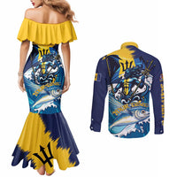 Personalized Barbados God Of The Sea Couples Matching Mermaid Dress and Long Sleeve Button Shirt Bajan Flying Fish Special Version