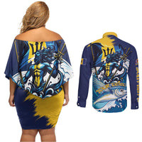 Personalized Barbados God Of The Sea Couples Matching Off Shoulder Short Dress and Long Sleeve Button Shirt Bajan Flying Fish Special Version - Wonder Print Shop