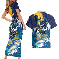 Personalized Barbados God Of The Sea Couples Matching Short Sleeve Bodycon Dress and Hawaiian Shirt Bajan Flying Fish Special Version - Wonder Print Shop