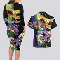 Personalized Mardi Gras Couples Matching Long Sleeve Bodycon Dress and Hawaiian Shirt Carnival Feathers Masks