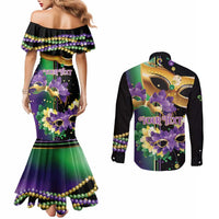 Personalized Mardi Gras Couples Matching Mermaid Dress and Long Sleeve Button Shirt Carnival Feathers Masks