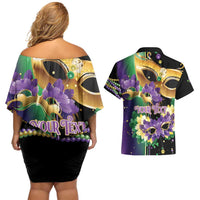 Personalized Mardi Gras Couples Matching Off Shoulder Short Dress and Hawaiian Shirt Carnival Feathers Masks