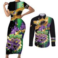 Personalized Mardi Gras Couples Matching Short Sleeve Bodycon Dress and Long Sleeve Button Shirt Carnival Feathers Masks