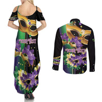 Personalized Mardi Gras Couples Matching Summer Maxi Dress and Long Sleeve Button Shirt Carnival Feathers Masks