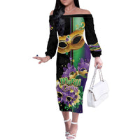 Personalized Mardi Gras Family Matching Off The Shoulder Long Sleeve Dress and Hawaiian Shirt Carnival Feathers Masks