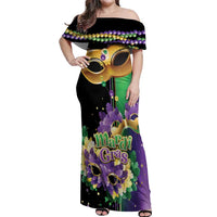 Personalized Mardi Gras Off Shoulder Maxi Dress Carnival Feathers Masks - Wonder Print Shop