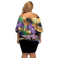 Personalized Mardi Gras Off Shoulder Short Dress Carnival Feathers Masks - Wonder Print Shop
