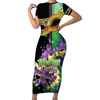 Personalized Mardi Gras Short Sleeve Bodycon Dress Carnival Feathers Masks - Wonder Print Shop
