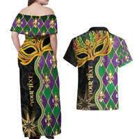 Personalized Mardi Gras Couples Matching Off Shoulder Maxi Dress and Hawaiian Shirt Gold Mask Unique Style