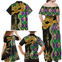 Personalized Mardi Gras Family Matching Off Shoulder Maxi Dress and Hawaiian Shirt Gold Mask Unique Style