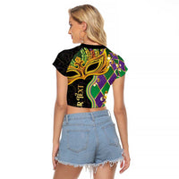 Personalized Mardi Gras Raglan Cropped T Shirt Gold Mask Unique Style - Wonder Print Shop