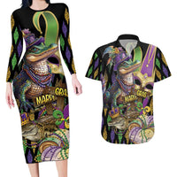 Mardi Gras Alligator Couples Matching Long Sleeve Bodycon Dress and Hawaiian Shirt Fleur De Lis Glitter Style