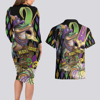 Mardi Gras Alligator Couples Matching Long Sleeve Bodycon Dress and Hawaiian Shirt Fleur De Lis Glitter Style