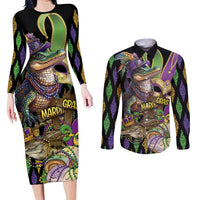 Mardi Gras Alligator Couples Matching Long Sleeve Bodycon Dress and Long Sleeve Button Shirt Fleur De Lis Glitter Style