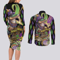 Mardi Gras Alligator Couples Matching Long Sleeve Bodycon Dress and Long Sleeve Button Shirt Fleur De Lis Glitter Style