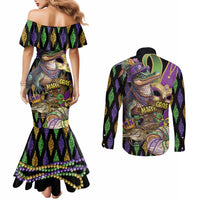 Mardi Gras Alligator Couples Matching Mermaid Dress and Long Sleeve Button Shirt Fleur De Lis Glitter Style