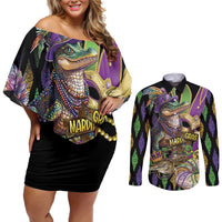 Mardi Gras Alligator Couples Matching Off Shoulder Short Dress and Long Sleeve Button Shirt Fleur De Lis Glitter Style