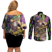 Mardi Gras Alligator Couples Matching Off Shoulder Short Dress and Long Sleeve Button Shirt Fleur De Lis Glitter Style