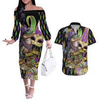 Mardi Gras Alligator Couples Matching Off The Shoulder Long Sleeve Dress and Hawaiian Shirt Fleur De Lis Glitter Style