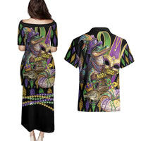 Mardi Gras Alligator Couples Matching Puletasi and Hawaiian Shirt Fleur De Lis Glitter Style