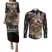 Mardi Gras Alligator Couples Matching Puletasi and Long Sleeve Button Shirt Fleur De Lis Glitter Style