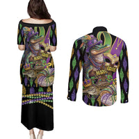 Mardi Gras Alligator Couples Matching Puletasi and Long Sleeve Button Shirt Fleur De Lis Glitter Style