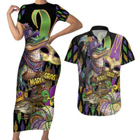 Mardi Gras Alligator Couples Matching Short Sleeve Bodycon Dress and Hawaiian Shirt Fleur De Lis Glitter Style