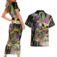 Mardi Gras Alligator Couples Matching Short Sleeve Bodycon Dress and Hawaiian Shirt Fleur De Lis Glitter Style