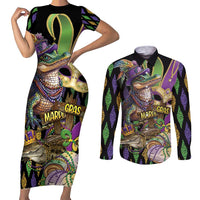 Mardi Gras Alligator Couples Matching Short Sleeve Bodycon Dress and Long Sleeve Button Shirt Fleur De Lis Glitter Style