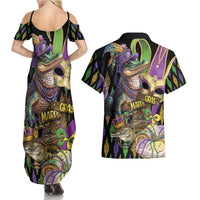 Mardi Gras Alligator Couples Matching Summer Maxi Dress and Hawaiian Shirt Fleur De Lis Glitter Style