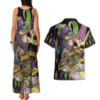 Mardi Gras Alligator Couples Matching Tank Maxi Dress and Hawaiian Shirt Fleur De Lis Glitter Style
