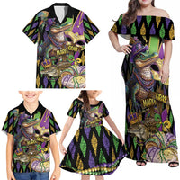 Mardi Gras Alligator Family Matching Off Shoulder Maxi Dress and Hawaiian Shirt Fleur De Lis Glitter Style