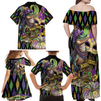 Mardi Gras Alligator Family Matching Off Shoulder Maxi Dress and Hawaiian Shirt Fleur De Lis Glitter Style