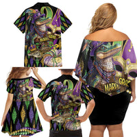 Mardi Gras Alligator Family Matching Off Shoulder Short Dress and Hawaiian Shirt Fleur De Lis Glitter Style