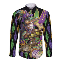 Mardi Gras Alligator Long Sleeve Button Shirt Fleur De Lis Glitter Style
