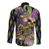 Mardi Gras Alligator Long Sleeve Button Shirt Fleur De Lis Glitter Style