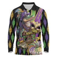 Mardi Gras Alligator Long Sleeve Polo Shirt Fleur De Lis Glitter Style - Wonder Print Shop