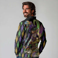 Mardi Gras Alligator Long Sleeve Polo Shirt Fleur De Lis Glitter Style - Wonder Print Shop