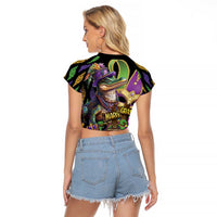 Mardi Gras Alligator Raglan Cropped T Shirt Fleur De Lis Glitter Style - Wonder Print Shop