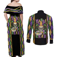 Mardi Gras Skull Couples Matching Off Shoulder Maxi Dress and Long Sleeve Button Shirt Beads Fleur De Lis
