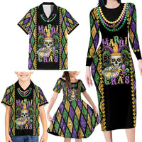 Mardi Gras Skull Family Matching Long Sleeve Bodycon Dress and Hawaiian Shirt Beads Fleur De Lis