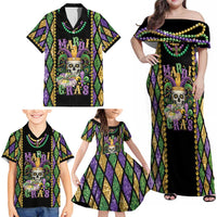 Mardi Gras Skull Family Matching Off Shoulder Maxi Dress and Hawaiian Shirt Beads Fleur De Lis