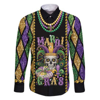Mardi Gras Skull Family Matching Off Shoulder Maxi Dress and Hawaiian Shirt Beads Fleur De Lis