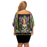 Mardi Gras Skull Family Matching Off Shoulder Short Dress and Hawaiian Shirt Beads Fleur De Lis