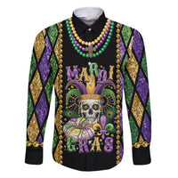 Mardi Gras Skull Family Matching Short Sleeve Bodycon Dress and Hawaiian Shirt Beads Fleur De Lis