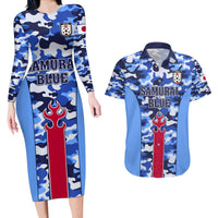 Japan Football Couples Matching Long Sleeve Bodycon Dress and Hawaiian Shirt Come On Samurai Blue - Wonder Print Shop